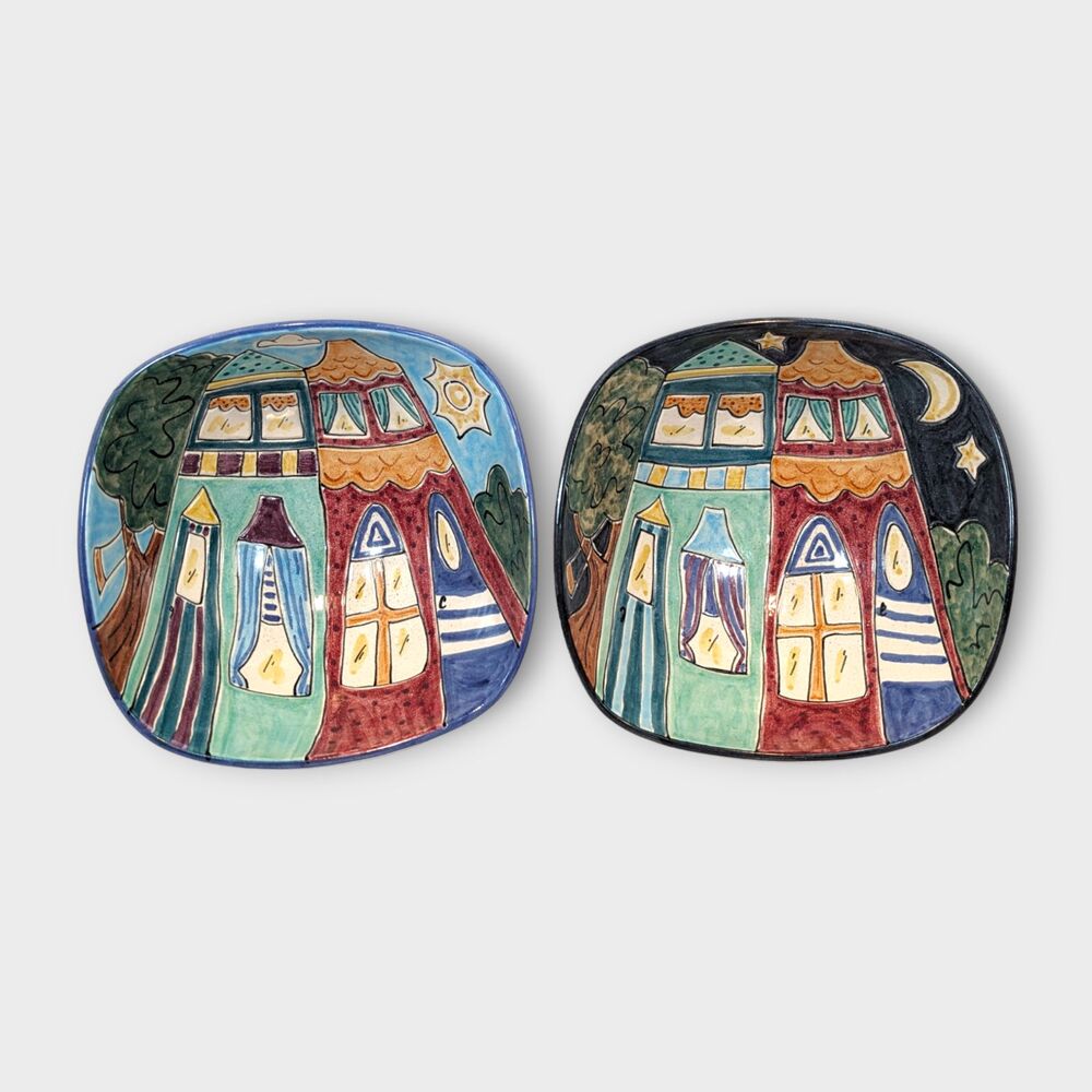 CJ Niehaus 2 Art Pottery Bowls Signed Whimsical House Design Day & Night 7" 1997